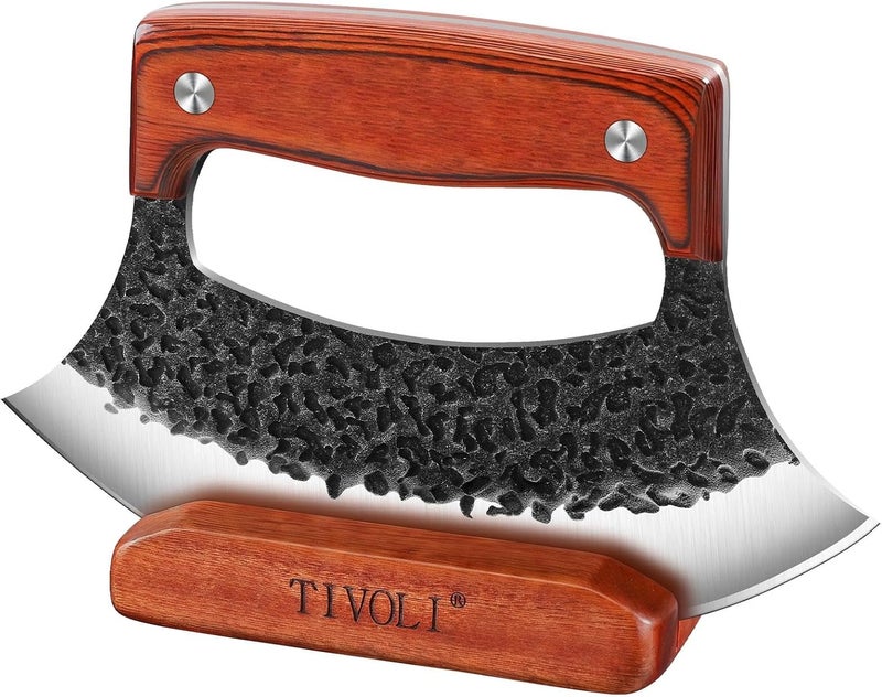 Tivoli Ulu Knife with Wooden Stand – Full Tang High Carbon Steel, Japanese-Inspired Rocker Knife with Gift Box, Mezzaluna Knife & Pizza Cutter for Kitchen, Camping & BBQ, Unique Gift for Men - Image 1